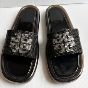 Tory Burch Cristal Bubble Slides  Black Logo Embellished Sandals Size 10 EUC